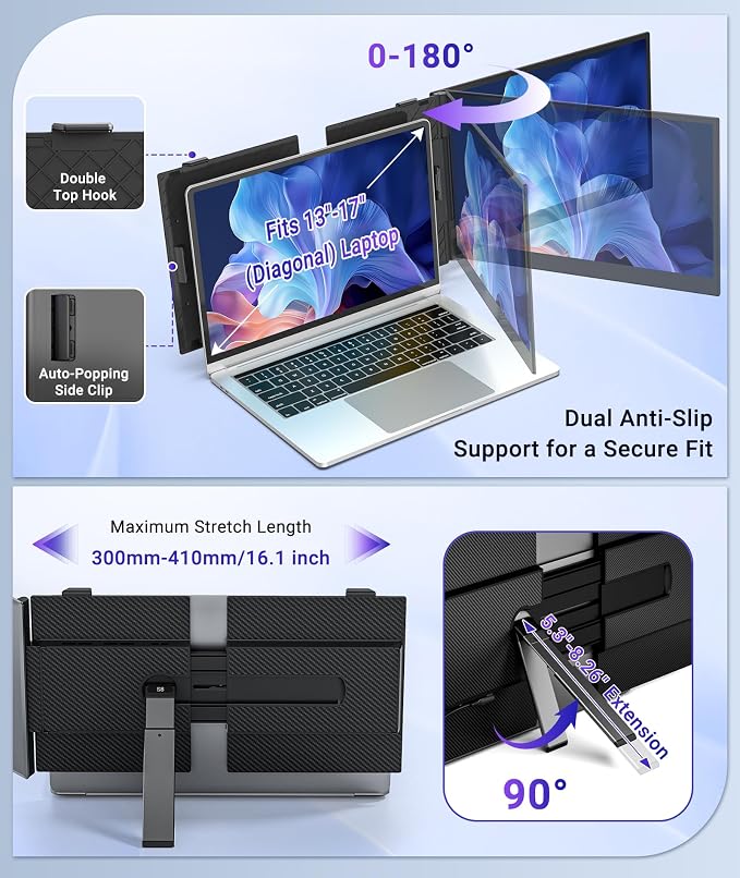 14" FHD 1080P Laptop Screen Extender, Portable Monitor for Laptop | 1.3lbs Ultra-Light Dual Monitor, USB-C Plug & Play, Travel Monitor Extender, For 13"-17" Windows/Mac/Android/Chrome - Image 6