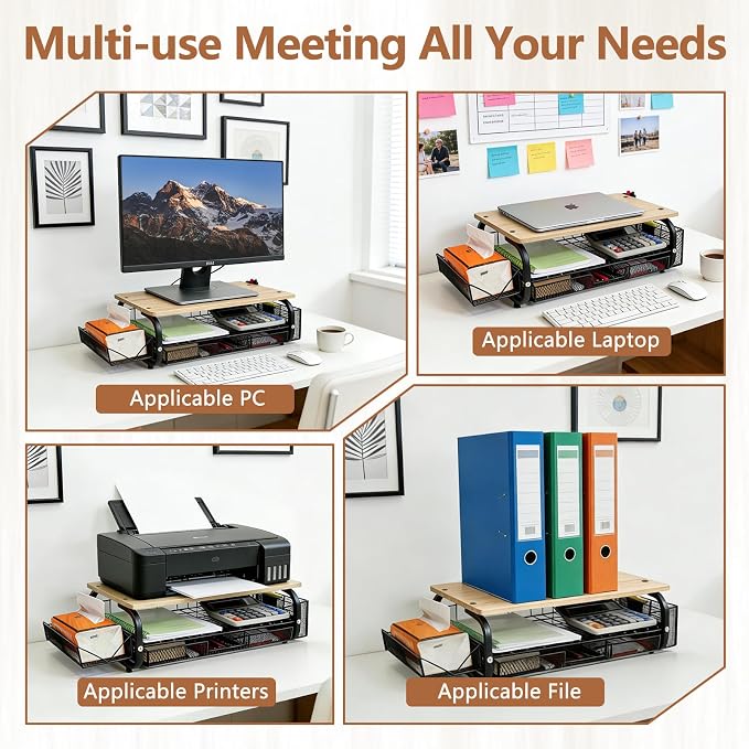 Desk Organizers and Accessories Monitor Riser, Monitor Stand with Drawer (2-Tier Drawers) with Large Side Storage Rack & Cable Management,66LBS/30KG, Office Organization, Oak - Image 3