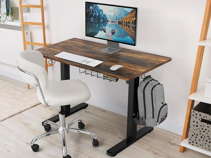 SHW 40 x 22 Inches Electric Height Adjustable Stand Desk, Rustic Brown | with Hanging Hooks and Cable Management, Black Frame and Rustic Brown Top - Image 2