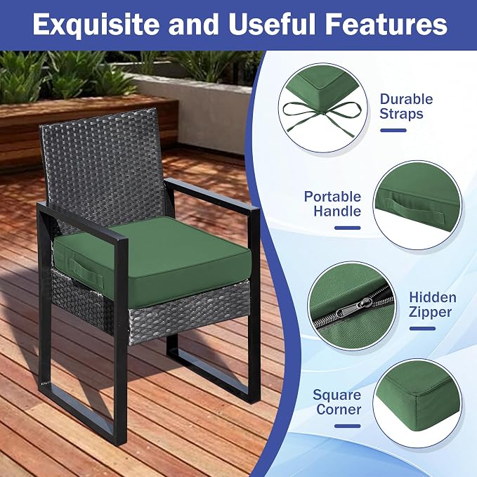 IASEAHK Patio Chair Cushions, 19" x 19" x 3" Outdoor Chair Cushions Set of 4, Waterproof Outdoor Cushions for Patio Furniture, Outdoors Seat Cushions with Handle and Ties, Forest Green - Image 5