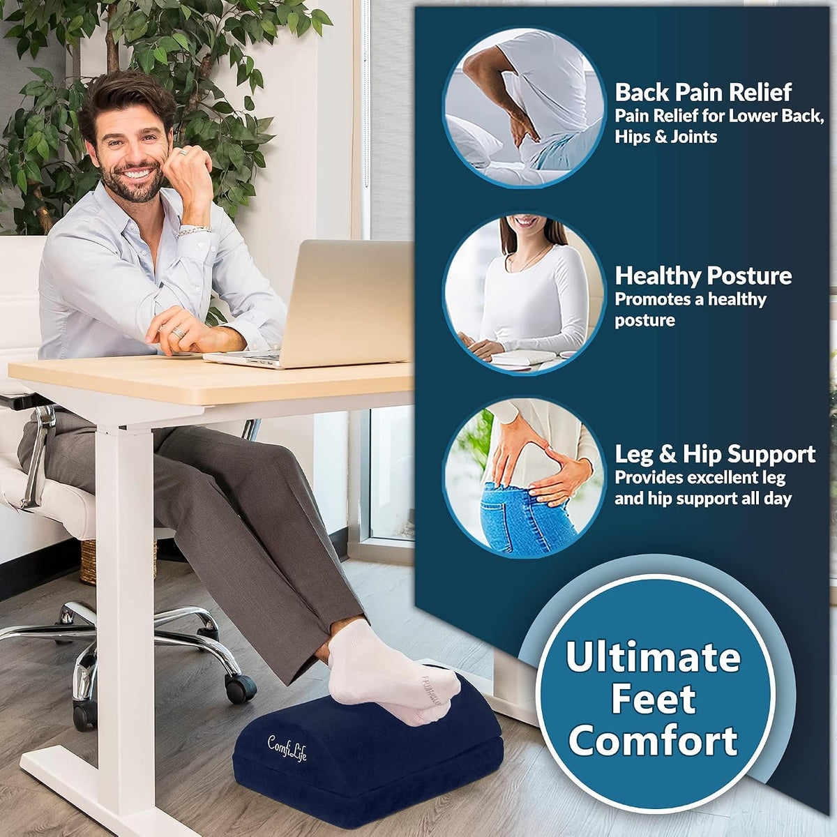 ComfiLife Foot Rest for Under Desk at Work – Adjustable Height Memory Foam Foot Stool for Under Desk, Office Chair & Gaming Chair – Ergonomic Footrest for Back & Hip Pain Relief (Navy) - Image 4