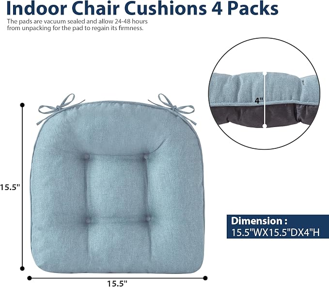 IASEAHK Chair Cushions for Dining Chairs, Seat Cushions for Kitchen Chairs, Indoor Seat Cushions with Ties, Tufted Foam Chair Pads, Non Slip Chair Cushions Set of 6, 15.5" x 15.5" x 4", Light Blue - Image 2