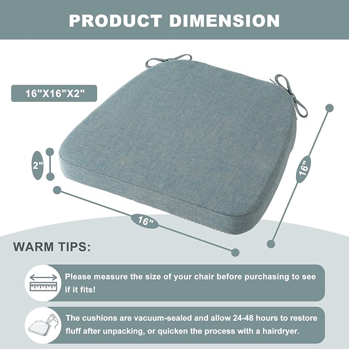 Battilo Chair Cushions for Dining Chairs, Waterproof Kitchen Chair Pads with Non-Slip Backing and Ties, Seat Cushions with Machine Washable Removable Cover, 16"x16"x2", Set of 4, Grayish Blue - Image 2