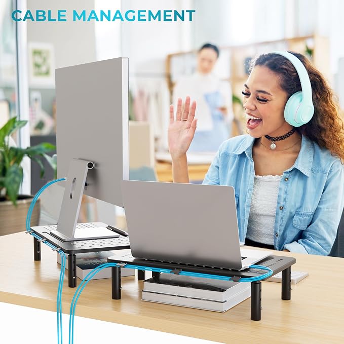 BONTEC Monitor Stand for Desk 1 Pack, 3-Level Height Adjustable | 14.5 x 9.1 in Ergonomic Metal Computer Stand with Pen Holder & Cable Management for Printer, Laptop and Office Workstation - Image 4