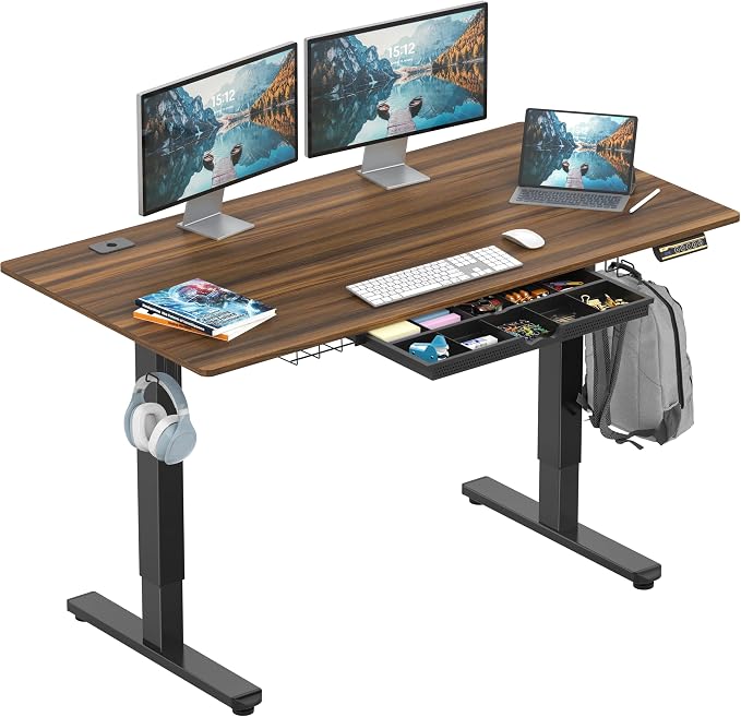 SHW 55 x 28 Electric Height Adjustable Standing Desk w/Drawer, Walnut | w/ Memory Presets and Cable Management | Drawer with adjustable compartments | Hanging Hooks by SHW