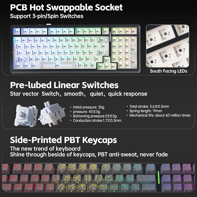 Aula F99 Keyboard Gaming,Wireless Mechanical Keyboards Creamy Sound | Computer Bluetooth Keyboard Full Size Hot Swappable RGB Backlit w/8000mAh Battery,Gradient Grey Tri-Mode BT/2.4GHz/USB - Image 7