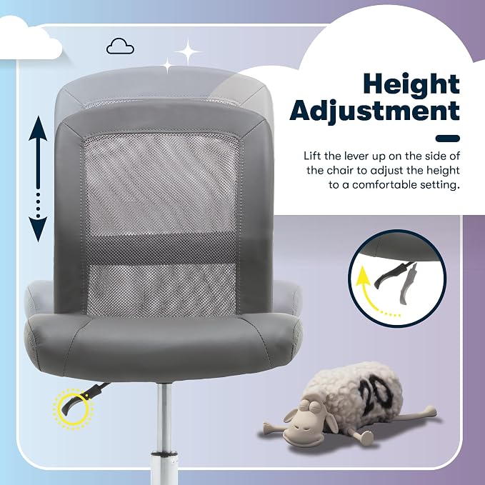 Serta Armless Small Home Desk Chair with Wheels, Ergonomic Mesh Back Chair | Essentials, Leather & Foam Cushion Seat, Adjustable Height, Small Vanity Chair for Bedroom, Desk Chair for Small Spaces, Gray - Image 7