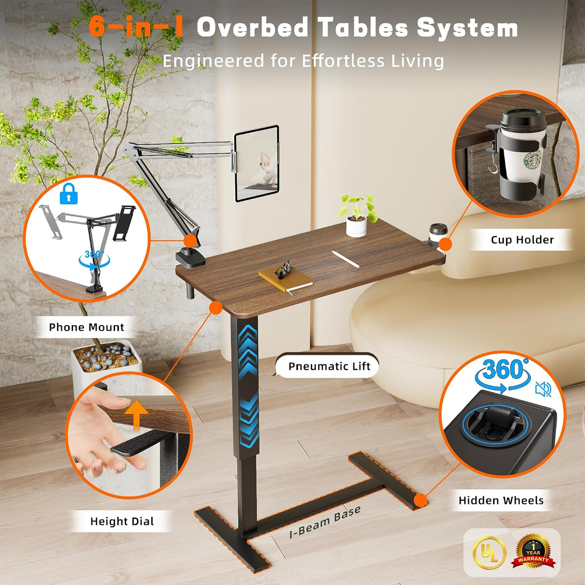 Overbed Table with Wheels, Adjustable Medical Bedside Table, Wood - Image 3