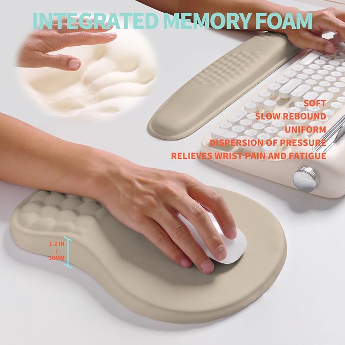 2-in-1 Ergonomic Set, Wave Rise Keyboard Wrist Rest and Massage Bulge Slope Mouse Pad Wrist Support, Cushion Memory Foam Integrated to Relieve Wrist Pain, Apricot - Image 4