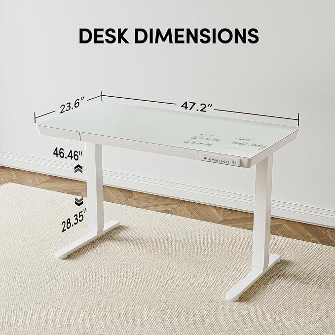 BANTI Electric Standing Desk with Drawers, 48 inch Whole-Piece Glass Desktop, Height Adjustable Stand up Sit Stand Home Office Ergonomic Workstation, White Tabletop - Image 3
