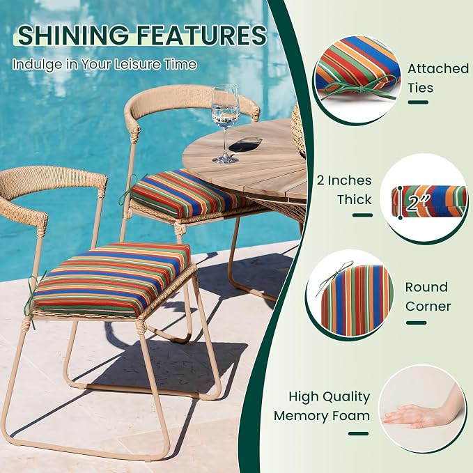 HARBOREST Outdoor Chair Cushions Set of 2, Water Resistant Patio Chair Cushions with Ties, Outdoor Seat Cushions for Patio Furniture, 17"x16"x2", Rainbow Stripes - Image 3