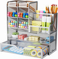 Marbrasse Mesh Pen Holder for Desk, Pen Organizer with Drawer, Multi-Functional Pencil Organizer, Desk Organizers and Accessories for Office Art Supplies (Silver) by Marbrasse