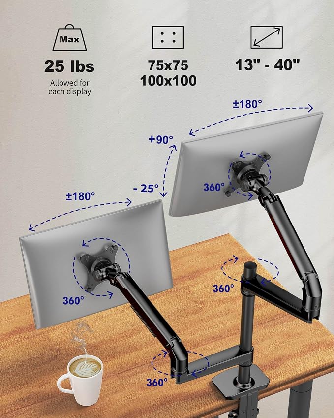 Ergounion Dual Monitor Mount, Holds Screens up to 40 Inches and 25 lbs, Fully Adjustable Dual Monitor Arm with C-Clamp and Grommet Base, Aluminum, Black - Image 7