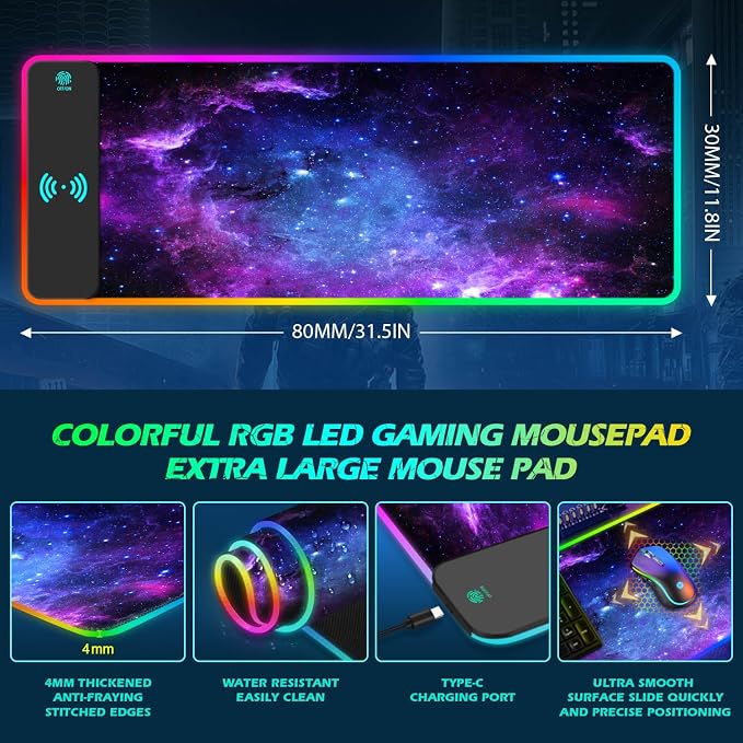 ToLuLu RGB Gaming Wireless Charging Mouse Pad, 7.5/10/15W 10 Light Modes LED Mouse Pad Computer Keyboard Mat Mousepad, 800x300x4MM Extended Large Desk Mat for MacBook, Laptop, PC, Purple Galaxy Space - Image 7