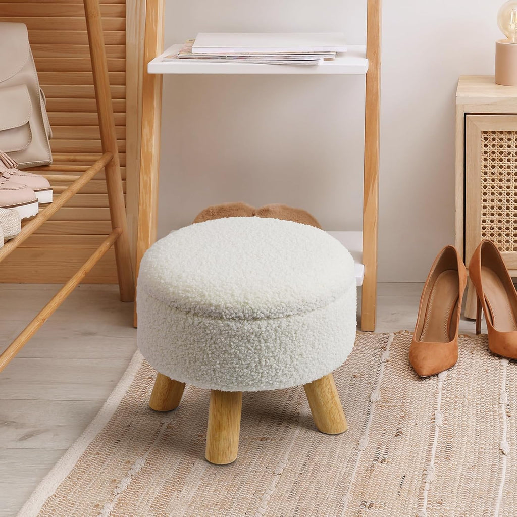 Ottoman Foot Stool, Small Ottoman with Storage,Round Storage Ottoman with Wood Legs, Soft Sponge Storage Footstool for Living Room, Bedroom, Couch, Enterway (Cream) - Image 2
