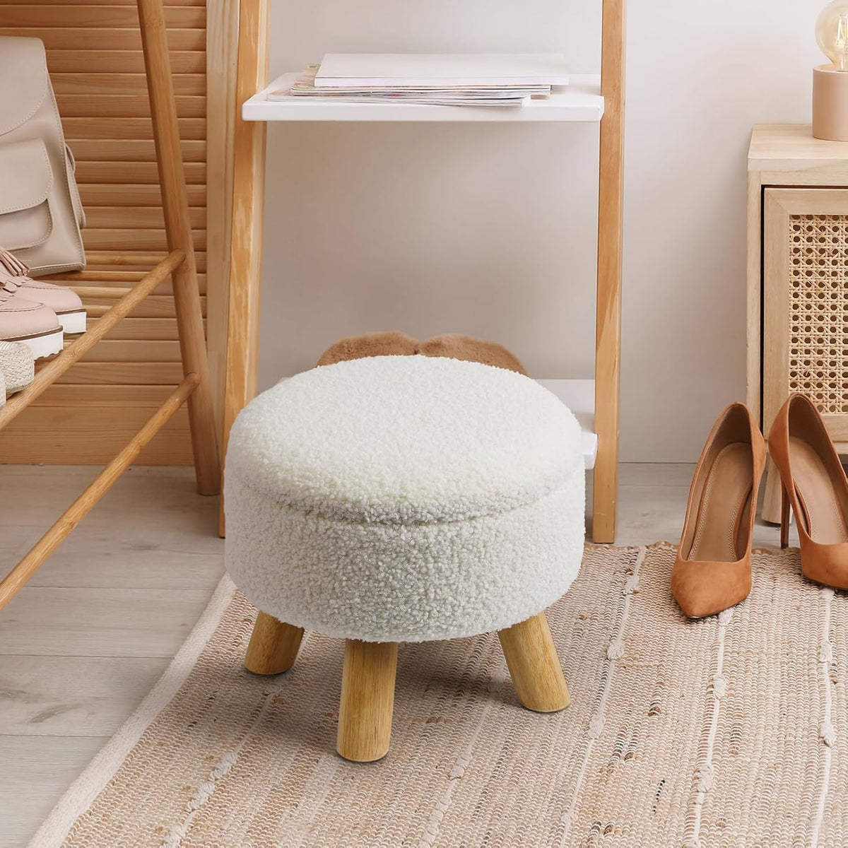 Ottoman Foot Stool, Small Ottoman with Storage,Round Storage Ottoman with Wood Legs, Soft Sponge Storage Footstool for Living Room, Bedroom, Couch, Enterway (Cream) - Image 2