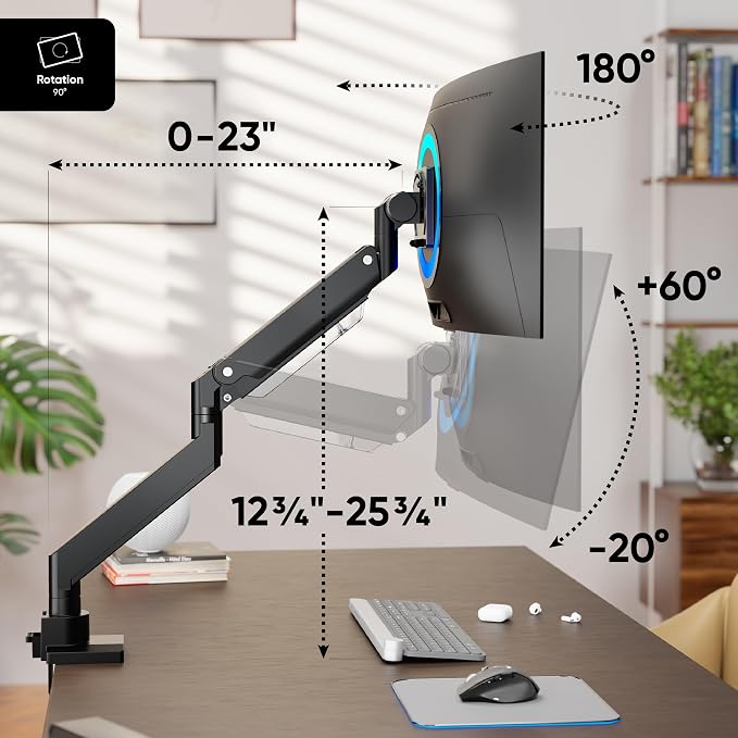 ONKRON Heavy Duty Monitor Arm for 17-57 Inch Screens up to 59.4 lbs, Ultrawide Screen Mount with Adjustable Gas Spring, VESA 75x75-200x200, Single Arm Monitor Mount for Desk, Clamp & Grommet Black | Ultrawide monitor mount with 23" extension, gas sprin... - Image 2