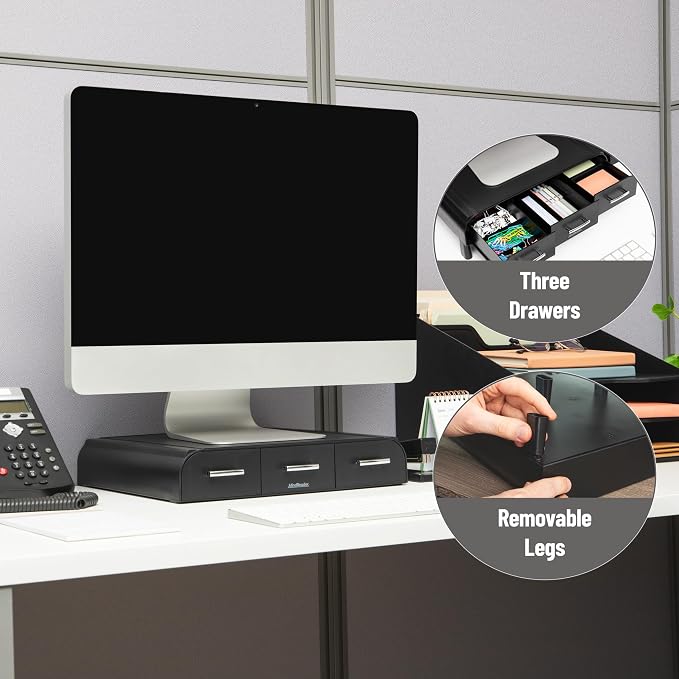 Mind Reader Monitor Stand, Laptop Riser, Desktop Organizer, Storage Drawer, Office, Plastic, 13.5"L x 13"W x 4"H, Black - Image 4