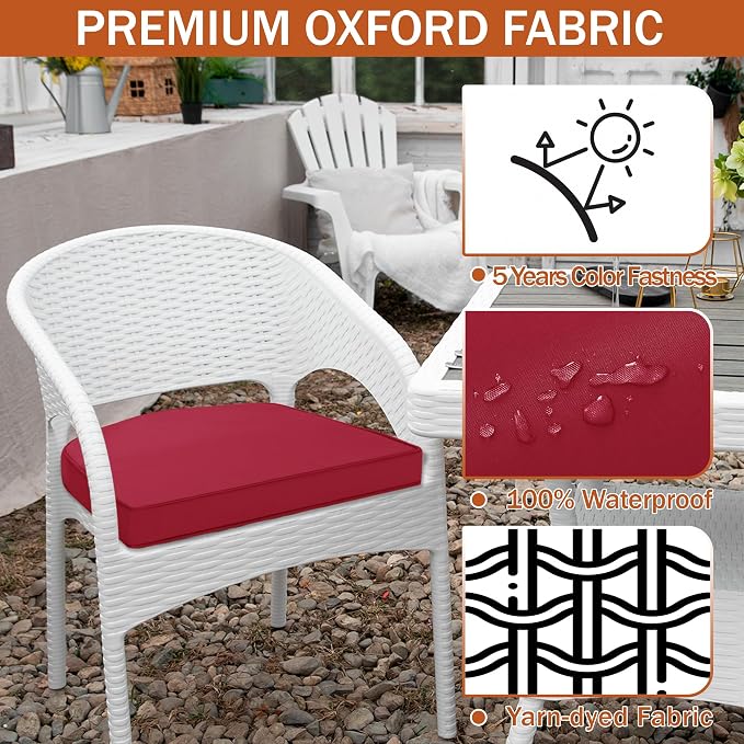 Outdoor Chair Cushions Set of 4, 17 x 16 Inch Waterproof Seat Pads | 3 Year Color Fastness Thick Patio Chair Cushion with Ties for Garden Lawn Sofa Couch, Burgundy - Image 3