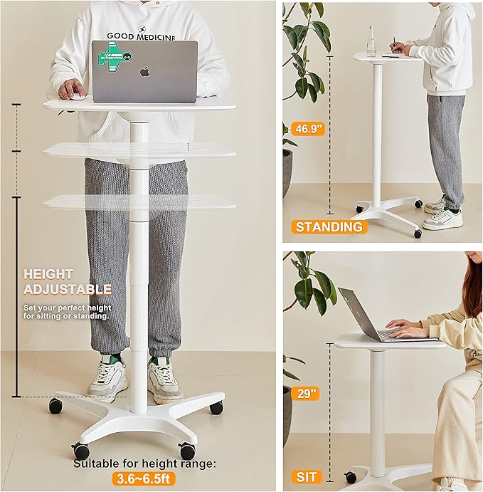 47" Mobile Standing Desk(26" W*19.3" D), Adjustable Height Laptop Desk, Pneumatic Desk with Gas Spring Riser, Podium for Home, Office，Classroom，Medical, (29" to 46.9" H) (White) - Image 6