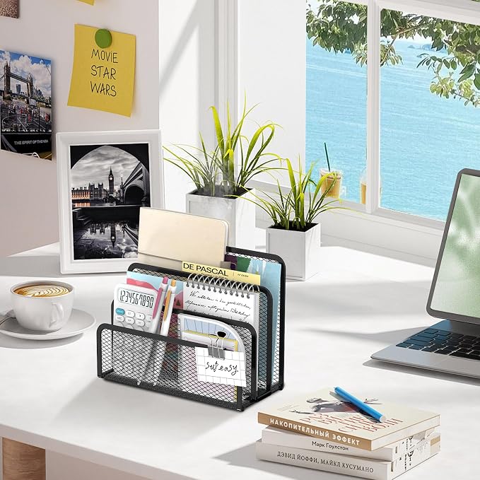 Mail Organizer Countertop for Desk, Mail File Holder with 3-Slot, Black | Metal Mesh Mail Sorter for Letters, Envelopes, Bills, and Files for Home Offices, Classroom Organization - Image 2