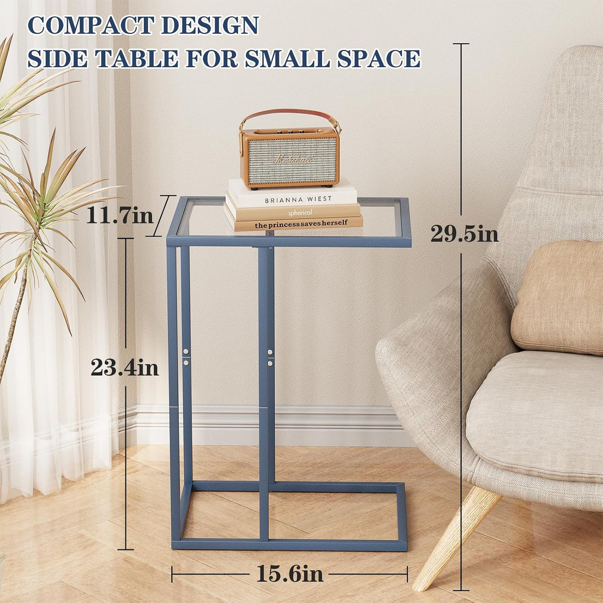 C Table End Table, Glass Couch Side Table, Tempered Glass Snack Side Table with Metal Frame, TV Tray Table for Small Space, Sofa Couch Side Tableand Bed Side Table(Blue) - Image 3