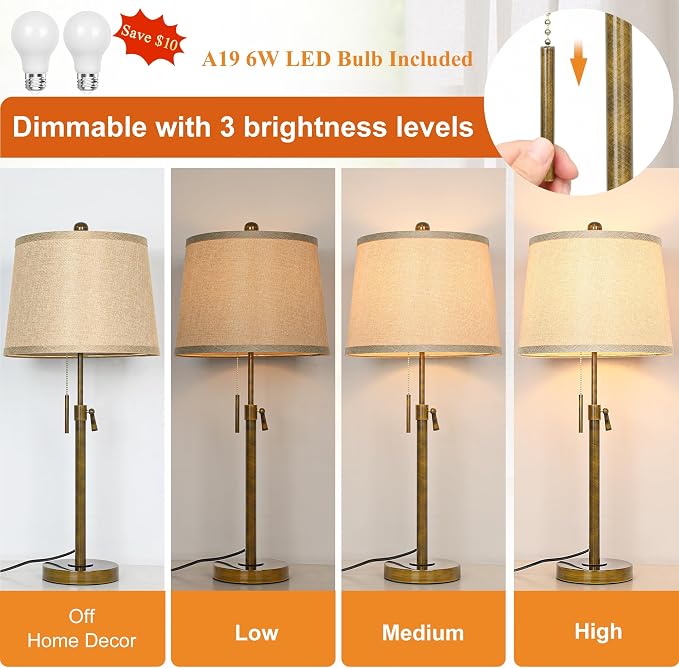 Antique Bronze Table Lamps Set of 2 Adjustable Height 22" to 30"Tall 3 Brightness Way Bedside Nightstand with Pull Chain Switch Pole Lights for Living Room Guest Bedroom End Table(Bulbs Included) - Image 3