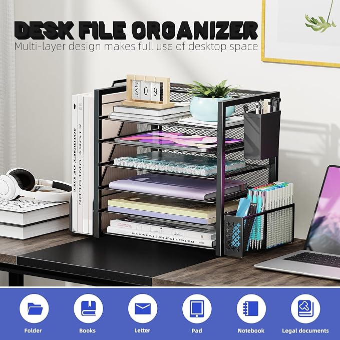 Simple Trending 6 Tier Metal Desk File Organizer with 2 Pen Holders, Black | 18"L x 9"W x 13"H, 6 Trays + Side file holder + 2 pen holders, sturdy metal frame, non-slip base, easy assembly, 24h support. - Image 6