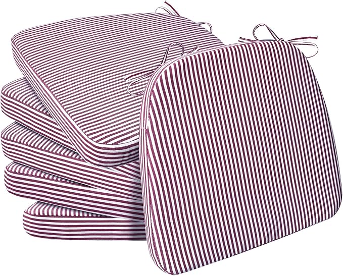 AAAAAcessories D-Shaped Chair Cushions, 2" Thick Dining Chair Pads with Ties and Removable, Machine-Washable Cover, 17" x 16", Set of 6, Pinstripe Red by AAAAAcessories
