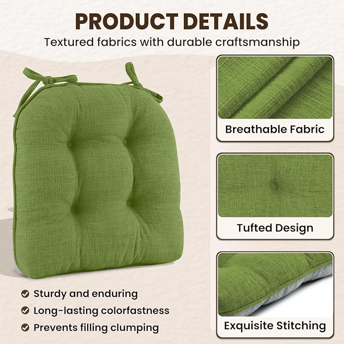 downluxe Indoor Chair Cushions for Dining Chairs, Tufted Overstuffed Textured Kitchen Chair Pads with Ties and Non-Slip Backing, 15.5" x 15.5" x 4", Grass Green, 4 Pack - Image 5