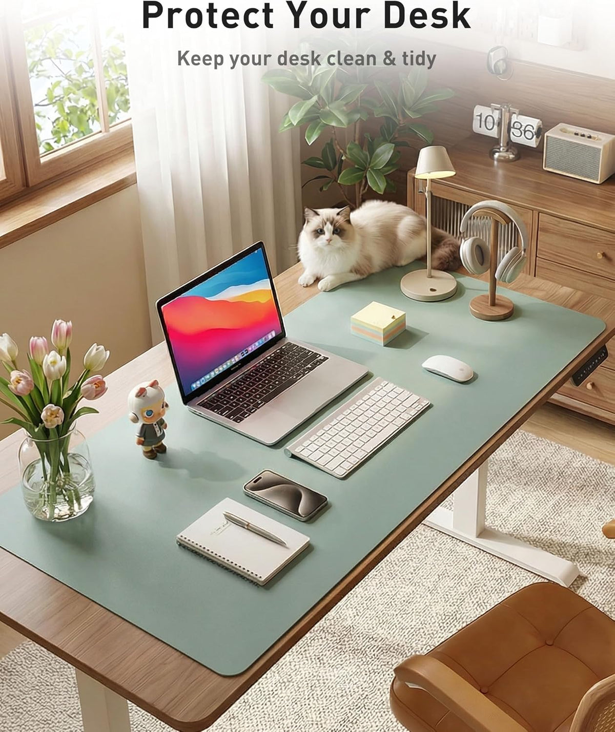 Aothia Faux Leather Desk Mat - Large Mouse Pad, Non-Slip PU Leather Blotter, Waterproof Writing Surface for Office and Home (Light Blue, 63" x 17") - Image 3