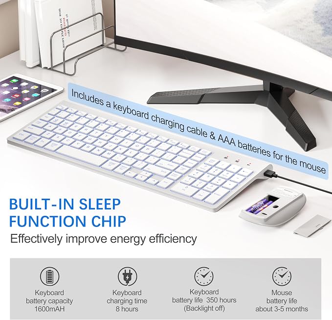 Wireless Backlit Keyboard and Mouse Ultra Slim Combo, TopMate - Matte White | 2.4G Silent Compact 2400DPI Mouse and Scissor Switch Keyboard Set, Batteries Included, for PC/Laptop/Windows/Mac/Gaming - Image 5