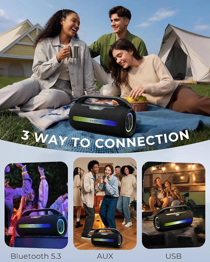 havit Outdoor Bluetooth Speaker, 120W Peak Loud Speakers with Deep Bass, Portable Wireless Speaker IPX6 Waterproof, RGB Light, 12H Playtime, TWS Stereo, EQ, for Party, Beach, Camping, Backyard, Garage - Image 8