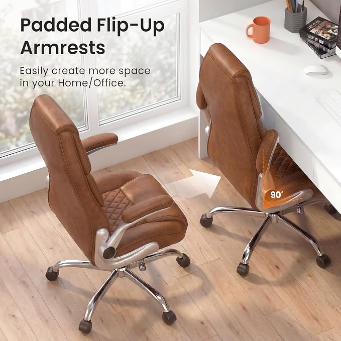 NEO CHAIR Executive Leather Chair, Ergonomic Office Chair, Lumbar Support | Brown Ergonomic Office Chair with High Back, Flip-Up Arms and Wide Seat, Comfortable Gaming Chair with Wheels for Back Pain - Image 6