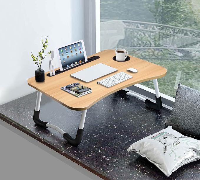 Slendor Foldable Lap Desk with Cup Holder for Bed, Couch, Floor | Portable,with USB Light, Fan, Pen Holder,Tablet Holder,for Laptop,Writing,Eating,Walnut - Image 5