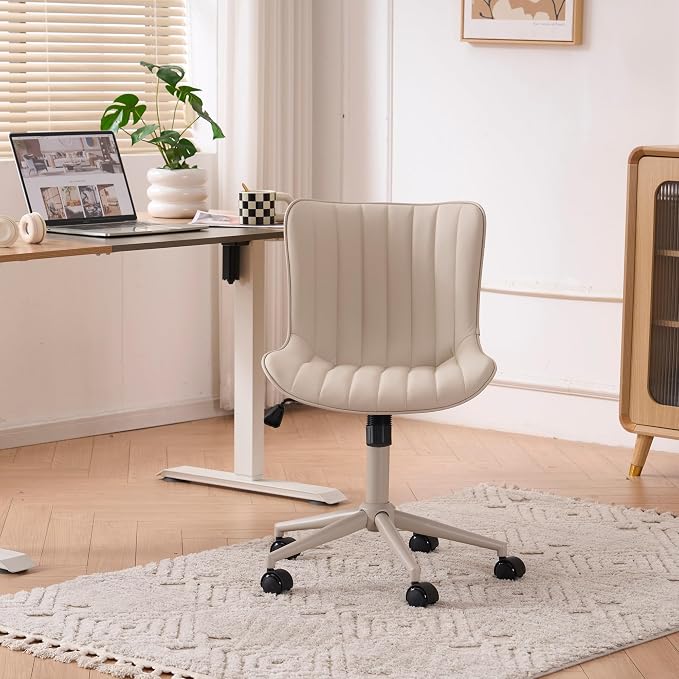 YOUNIKE Office Desk Chair with Wheels Armless Vanity Chair Ergonomic Cream | Faux Leather Upholstered with Rocking Back, Swivel Height Adjustable, Modern Small Cute Task Chair For Sewing Drafting - Image 9