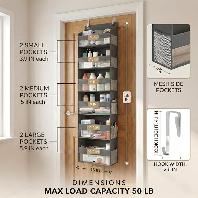 HOMELUX THEORY Over the Door Organizer, 6-Tier, 100D Fabric, Dark Gray 1pc | Over the door shoe organizer, 50 lbs capacity, 12 side mesh pockets, 100D extra thick fabric, Closet & entryway storage - Image 2
