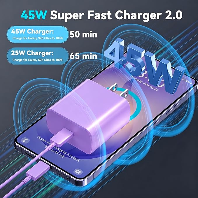 45W Super Fast Charger USB C Android Phone Type C Charger Fast Charging Block with 6.6FT Cord for Samsung Galaxy S26/S26 Ultra/S26+/S25 Ultra/S25/S24 Ultra/S24/S23 Ultra/S22/S21/S20/Note 10, Purple - Image 2