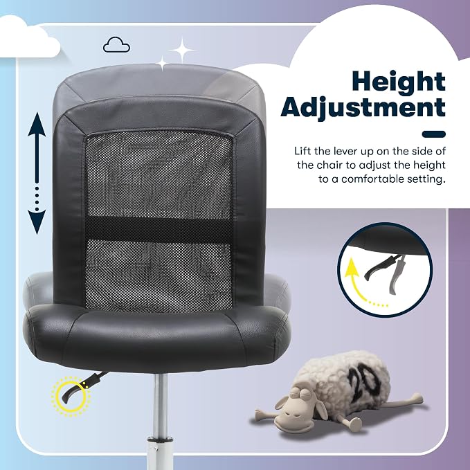 Serta Armless Small Home Desk Chair with Wheels, Ergonomic Mesh Back Chair | Essentials, Leather & Foam Cushion Seat, Adjustable Height, Small Vanity Chair for Bedroom, Small Spaces Desk Chair, Black - Image 7