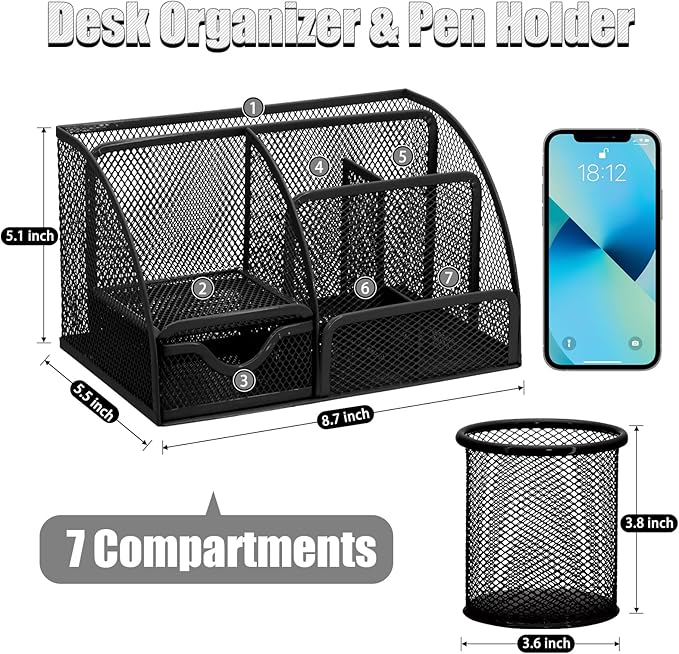 13-in-1 Office Desk Organizer Set for Back to School Supplies Accessories | Organizer Set with Stapler and Tape Dispenser, Pen Holder, Scissors, Ruler, Hole Punch, 2 Pens & More Desk Supplies - Image 2
