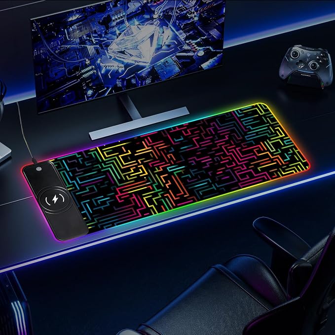 Wireless Charging RGB Gaming Mouse Pad, 31.5 x 11.8 Inch Extended Mouse Mat with Neon Geometric Line Design, LED Desk Pad with 7 Lighting Modes, Non-Slip Base for Gaming & Office - Image 8