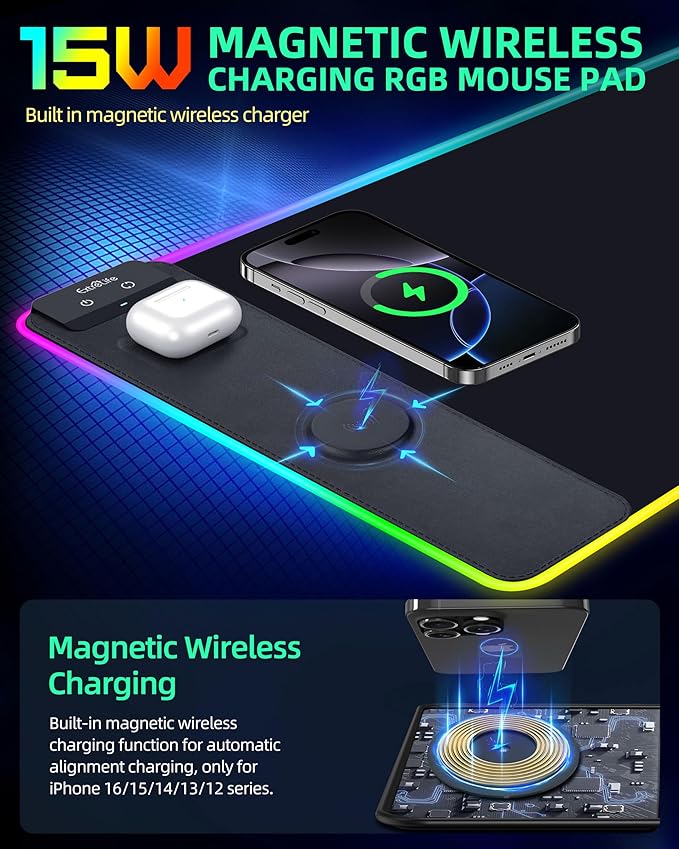 Wireless Charging Mouse Pad, RGB Gaming Desk Mat, 31.5"x15.7" | Large Desk Pad, 13 Light Modes, Ultra-Smooth Surface, Non-Slip Base, Waterproof Computer Keyboard Mat for PC, Laptop, Black - Image 2