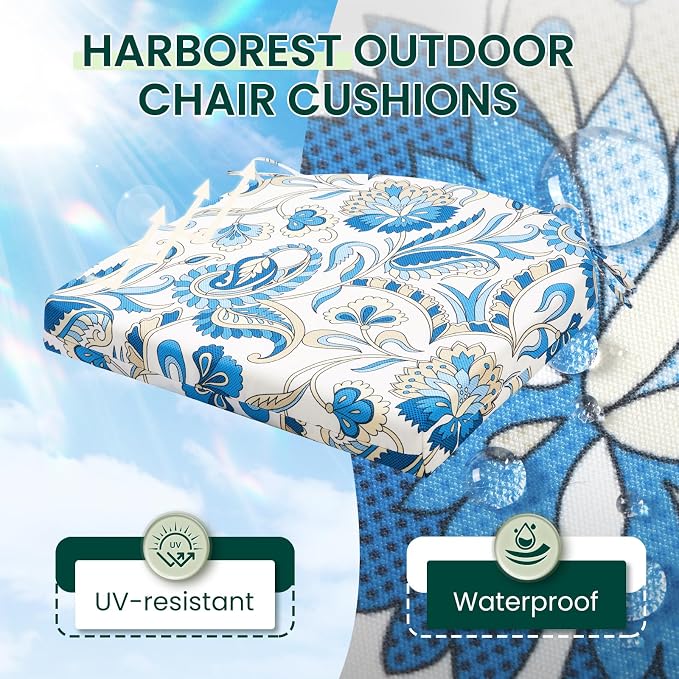 HARBOREST Outdoor Chair Cushions Set of 4, Water Resistant Patio Chair Cushions with Ties, Outdoor Seat Cushions for Patio Furniture, 17"x16"x2", Blue Butterfly - Image 2