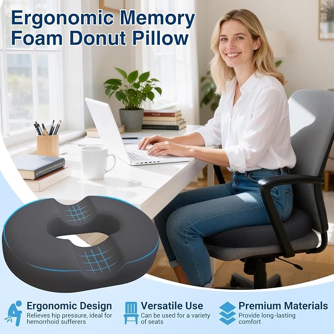 Donut Seat Cushion, Hemorrhoid Pillow, Office Chair Cushion, Gray, XX-Large | Ergonomic Design, Breathable Cover, for Tailbone Pain, Hemorrhoids & Long Sitting Hours, for Home & Office, - Image 8