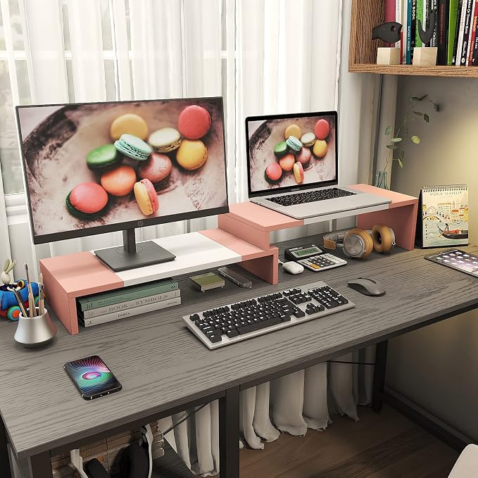 WESTREE Dual Monitor Stand - Monitor Stand Riser - 2 Shelf Computer Monitor Stand with Adjustable Length and Angle, Monitor Stands for 2 Monitors, Desktop Organizer Stand Office Furniture for PC, Computer, Laptop - Image 2