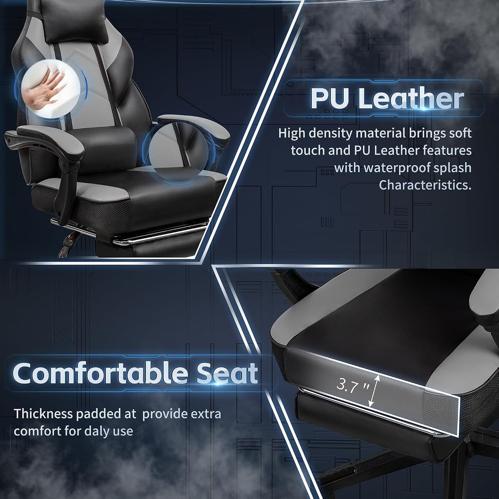 Big and Tall Gaming Chair, Footrest and Massage Lumbar Support, Grey - Image 7