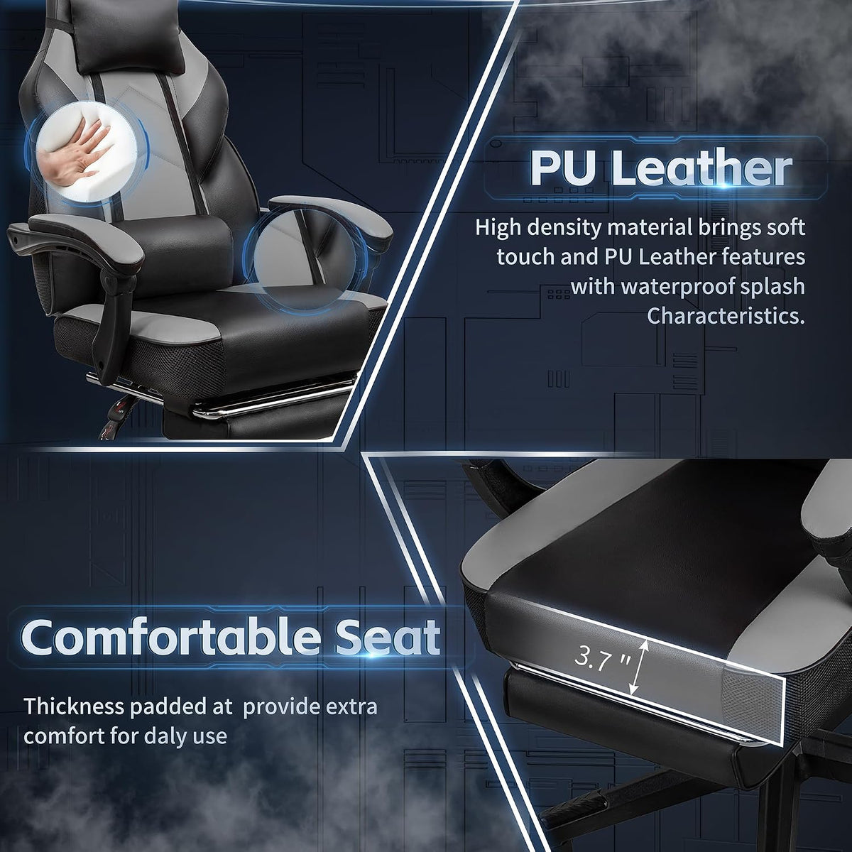 Big and Tall Gaming Chair, Footrest and Massage Lumbar Support, Grey - Image 7