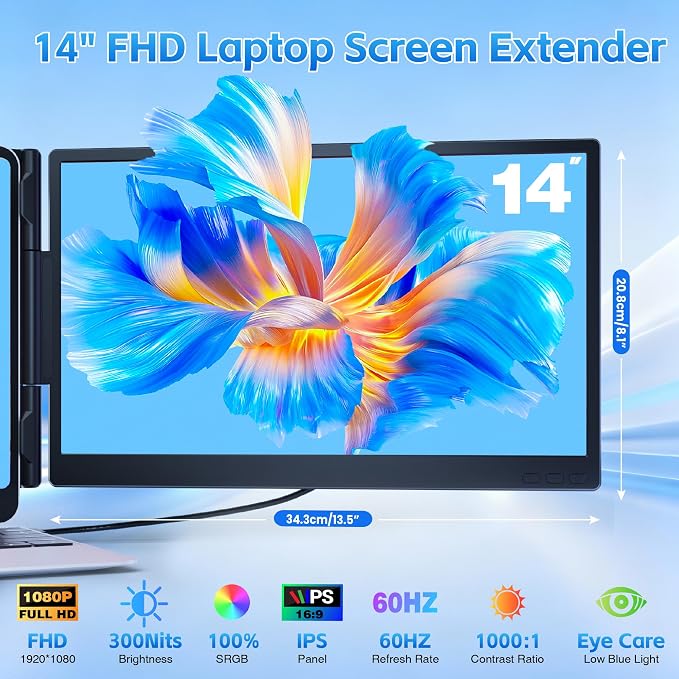 Laptop Screen Extender, Ultra-lightweight 14" FHD 1080P IPS Dual Screen, Laptop Monitor Extender with USB-C/HDMI Port, Plug and Play Portable Monitor for 13-17" Laptops (Wins/Mac/Android//Switch/PS5) - Image 2