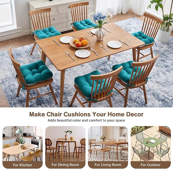 BETU Chair Cushions for Dining Chairs Set of 6,3.5" Thick Kitchen Table Chair Pads with Ties,Non Slip Backing and Covers, Seat Cushion for Dining Room,Bar,Patio Chairs,15.5"X15.5"X3.5",Teal - Image 6