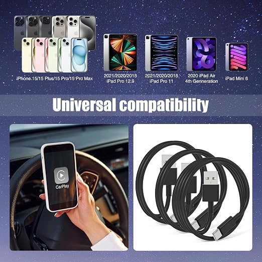 3-Pack Black [3.3FT+3.3FT+6FT] USB A to USB C Cable，USB to USB C Car Carplay Cable for iPhone 16 15 Pro Plus Pro Max，for iPad Pro/Air/Mini，for Samsung S24/S23/S22/S21，for MacBook Pro/Air and More - Image 6